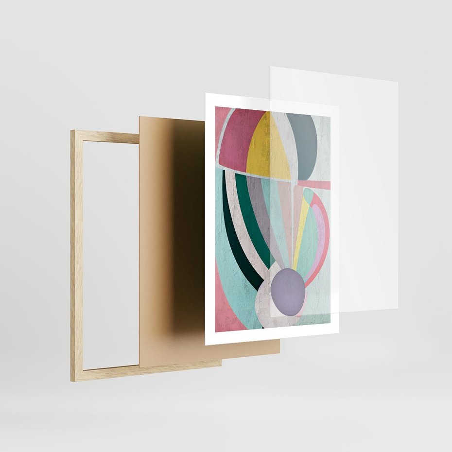 Plakat w ramie 50x70 - Podróżne Echa Przestrzeni - abstrakcyjne dziwne kształty, olejny obraz - rama drewno