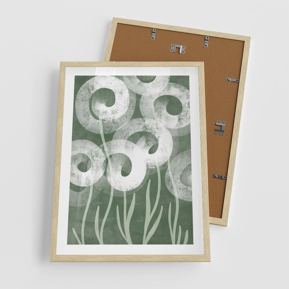 Plakat w ramie 50x70 - Spokojne Plamy Natury - zielony plakat, roślinne motywy - rama drewno