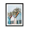 Plakat w ramie 50x70 - Rajskie Wakacje - domki na plaży, błękitne domki - rama czarna
