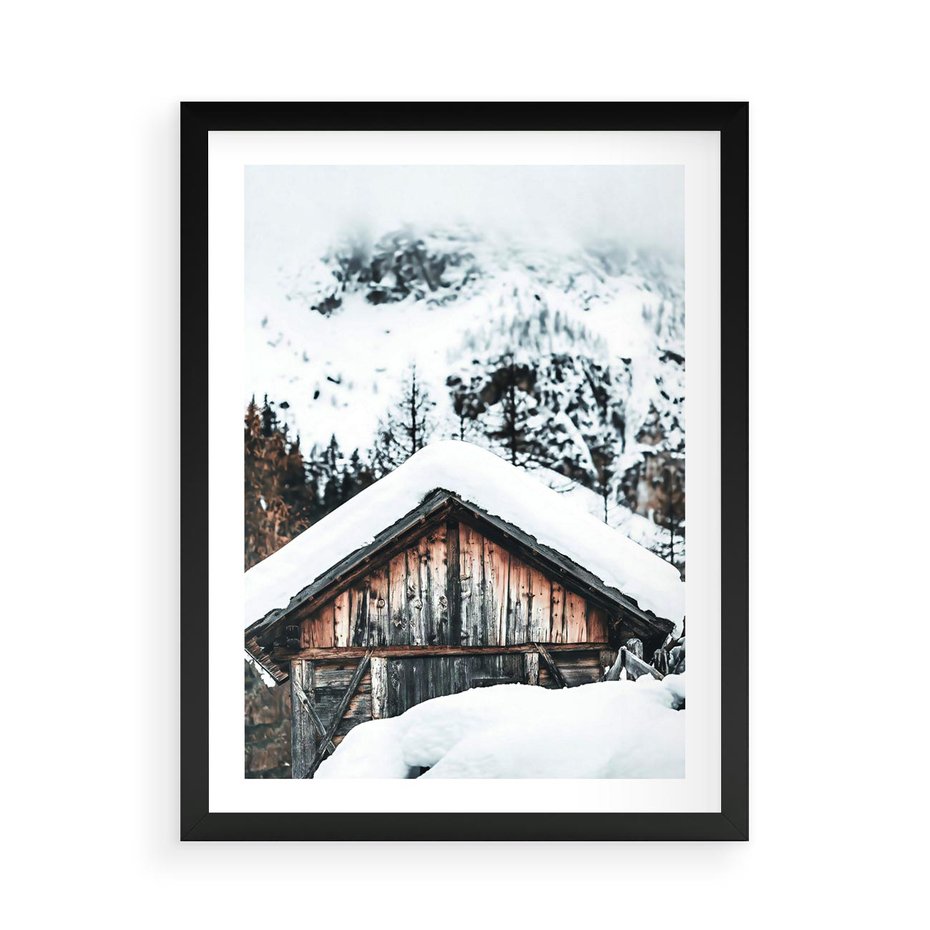 Plakat w ramie 50x70 - Domek w Górach w Białym Odcieniu - zima, domek w górach - rama czarna