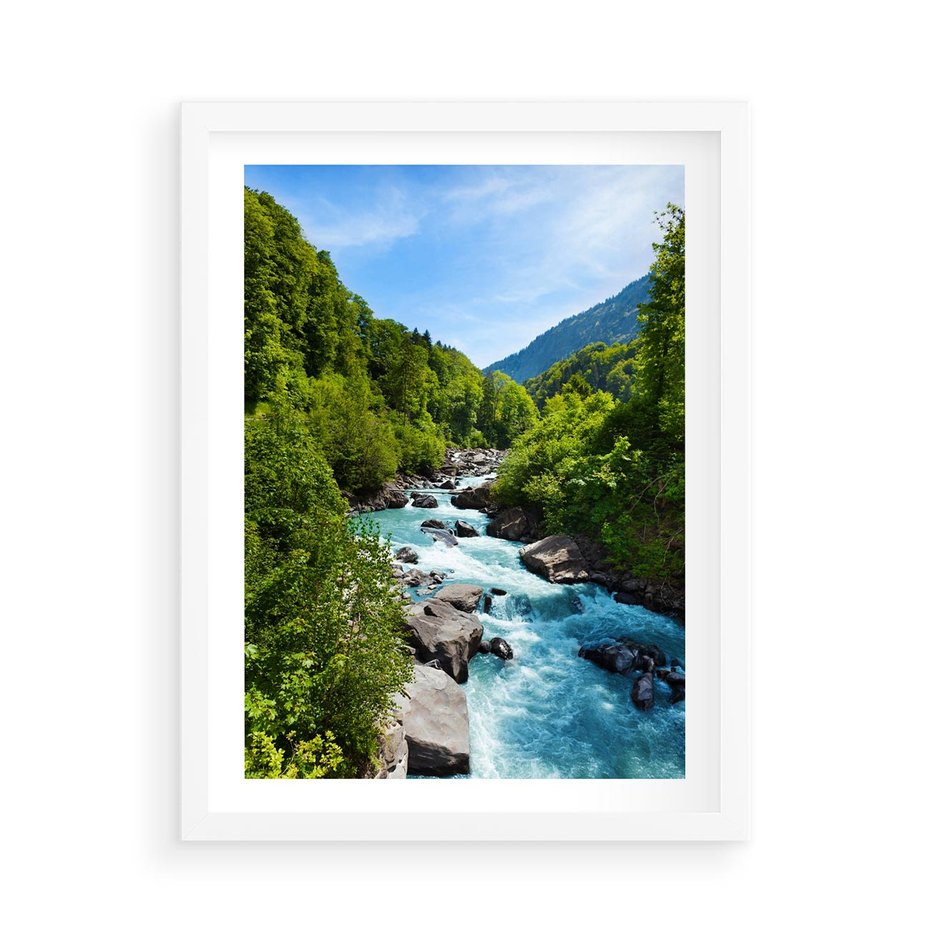 Plakat w ramie 50x70 - Górski strumyk - strumyk, góry - rama biała