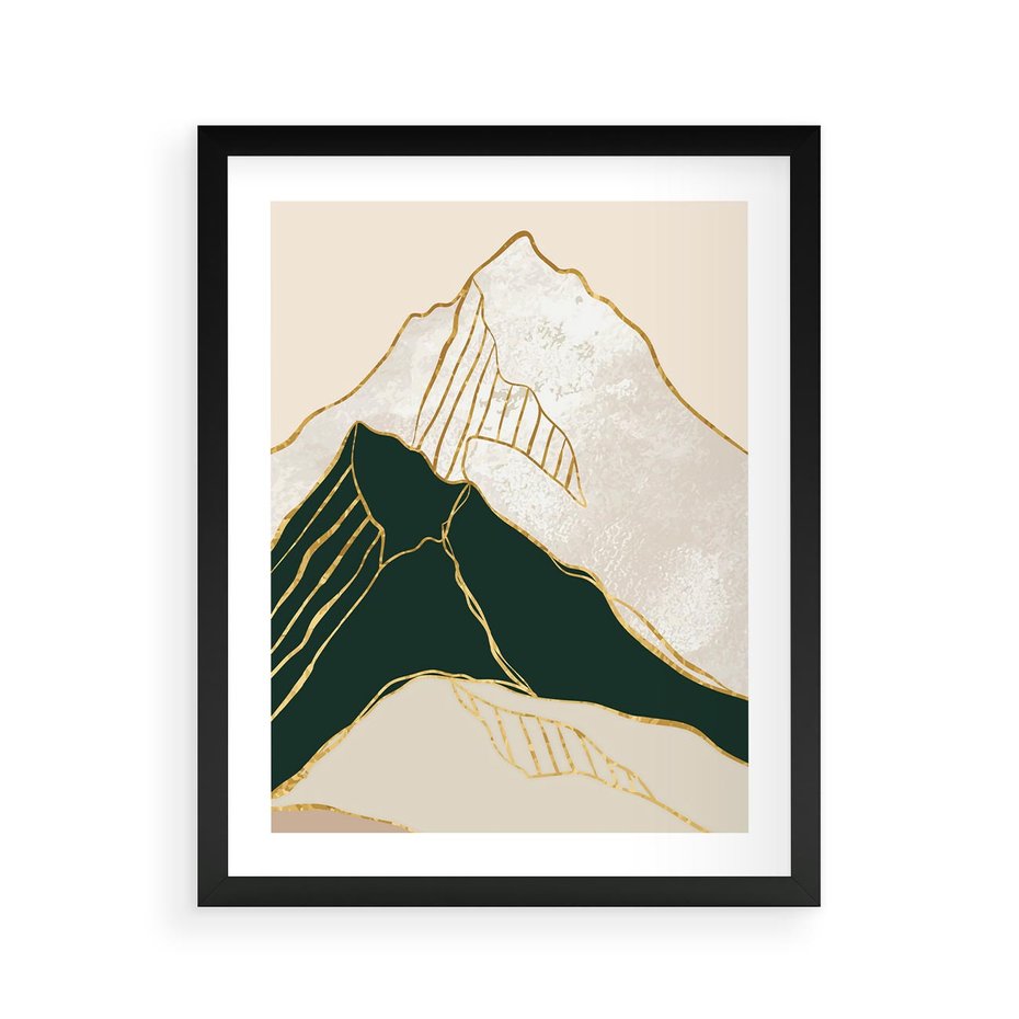 Plakat w ramie 40x50 - Minimalistyczne Góry: Złota Sztuka Natury - minimalistyczna grafika, góry - rama czarna