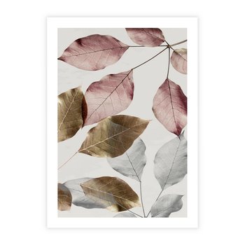 Plakat bez ramy 21x30 - Pastelowe Liście z Nutką Złota - liście, pastelowe kolory
