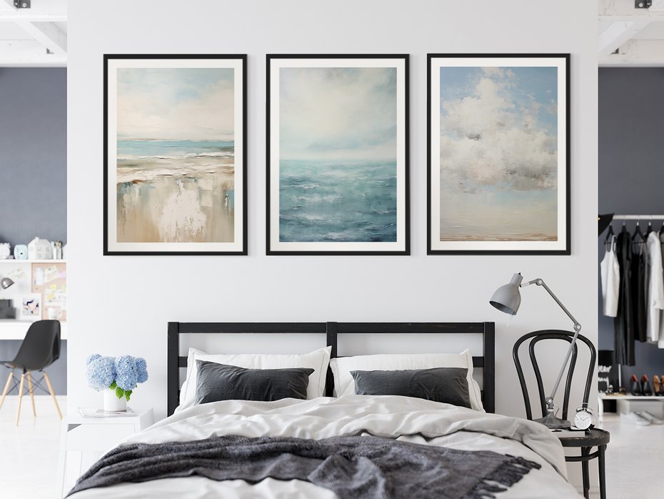 Zestaw obrazy w ramie 30x40 galeria - morze, niebo, akwarela, plaża - rama czarna