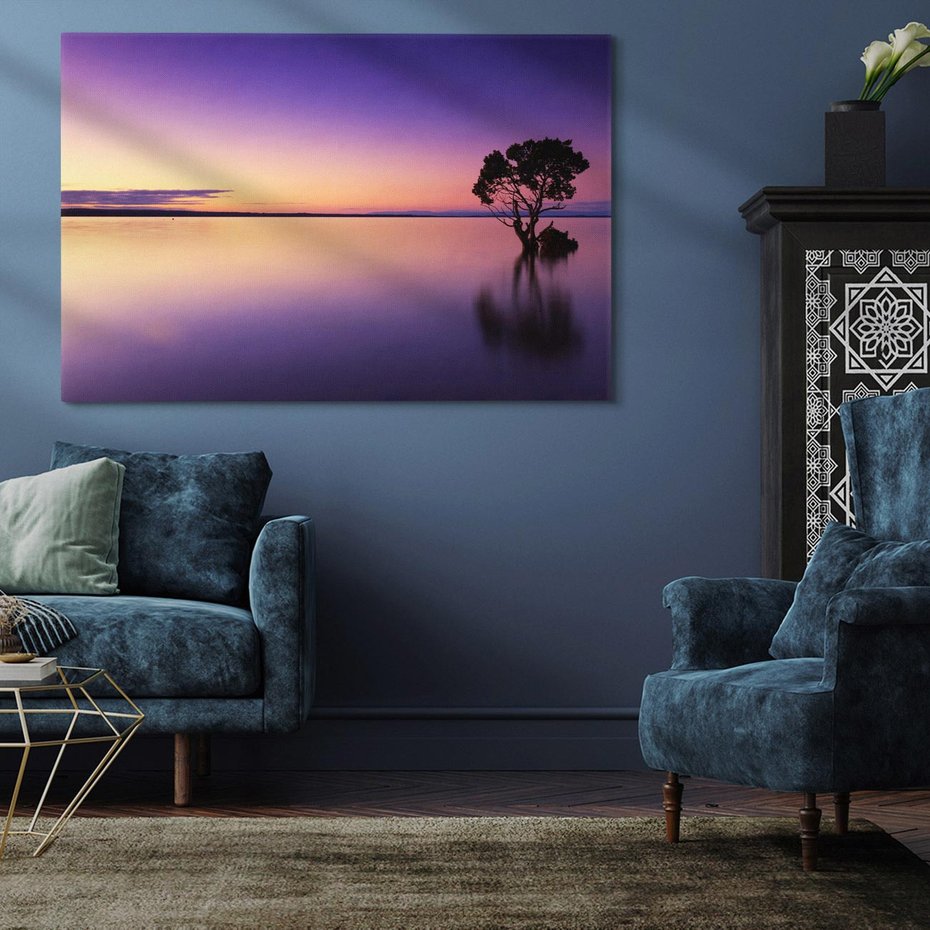Obraz na płótnie 100x70 - Jezioro wśród drzew o zachodzie - jezioro, drzewo