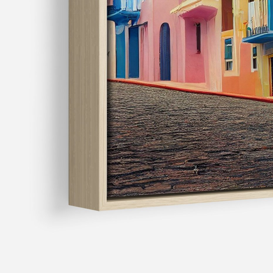 Obraz w ramie 80x120 - Ekspresja marzeń i tęsknot - pastelowe kolorowe budynki, wzdłuż ulicy - rama drewno