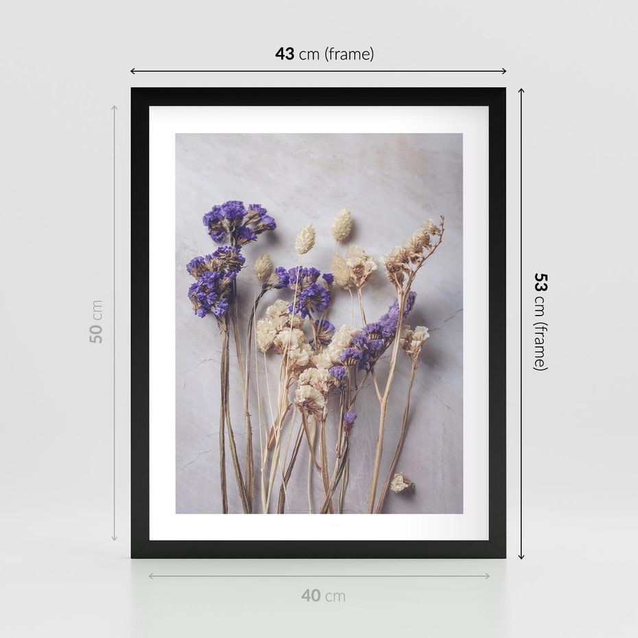 Plakat w ramie 40x50 - Błękitno-Biała Harmonia - suszone kwiaty, błekitne - rama czarna