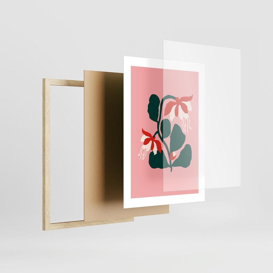 Plakat w ramie 30x40 - Migotliwa Kreatywność - abstrakcyjne kwiaty, różowe tło - rama drewno