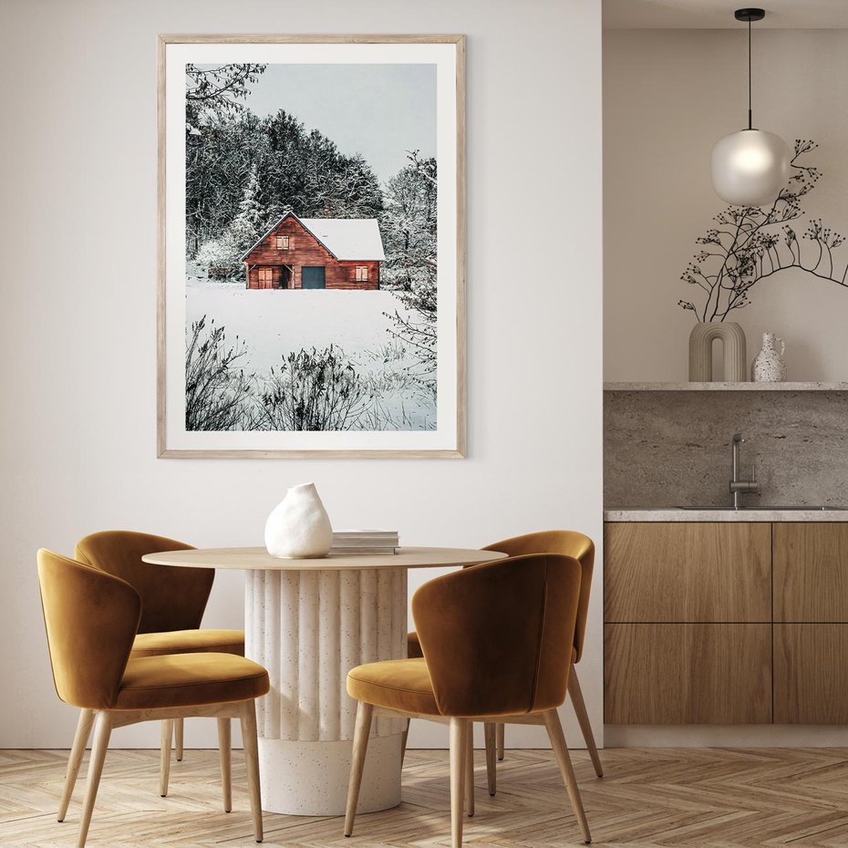 Plakat w ramie 30x40 - Domek w Górach Pokryty Śniegiem - domek w górach, śnieg - rama drewno