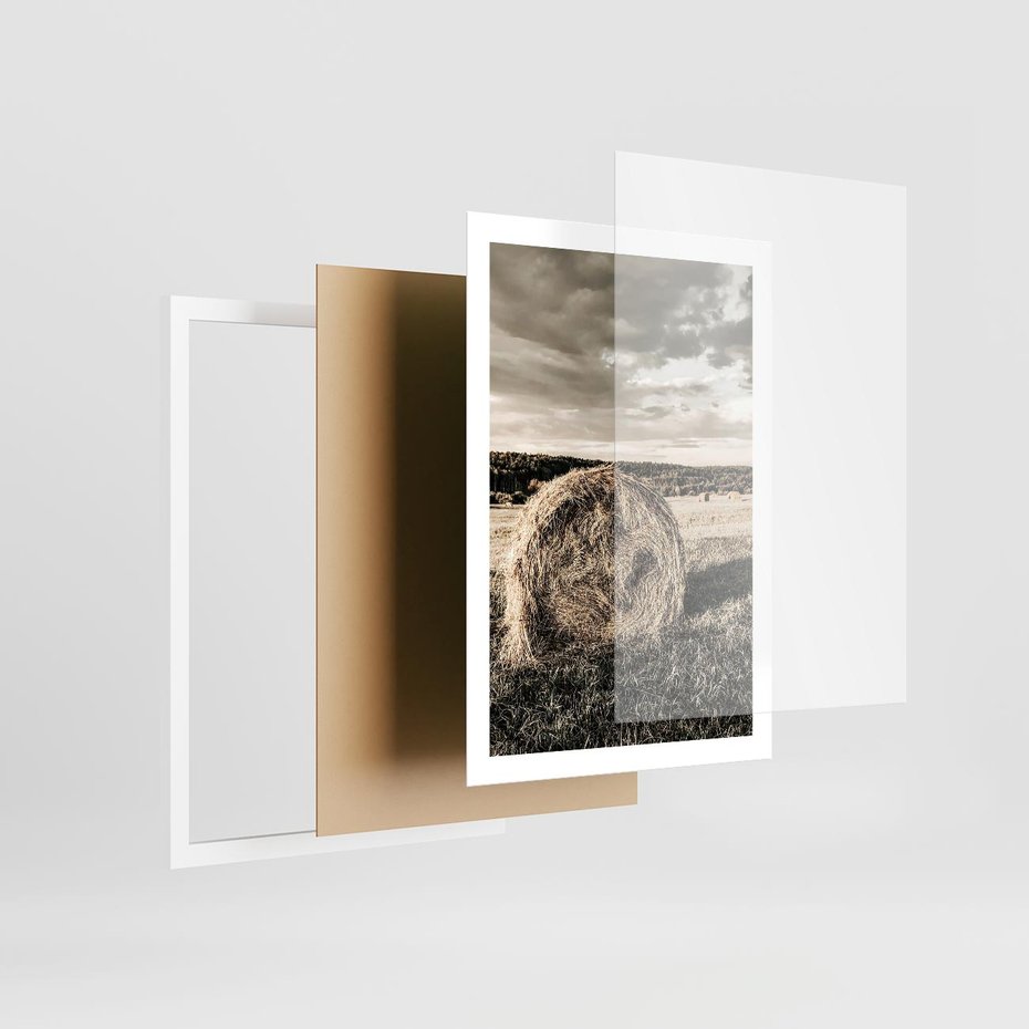 Plakat w ramie 50x70 - Ciepło Natury - snopki siana, pole - rama biała