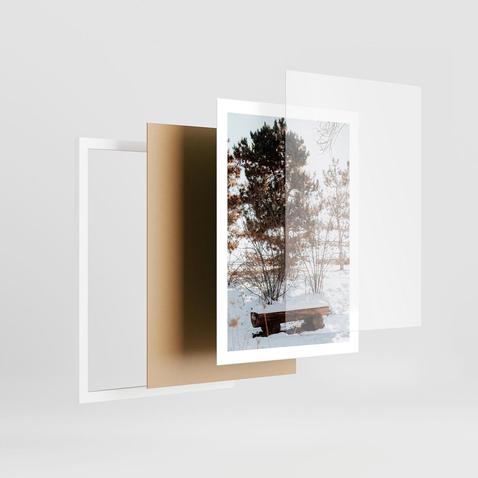 Plakat w ramie 50x70 - Ławka Pod Śniegiem - zimowy pejzaż, ławka pod śniegiem - rama biała