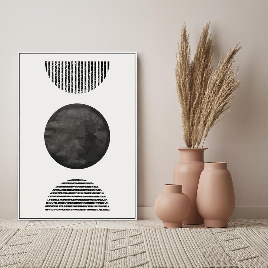 Obraz w ramie 80x120 - Tajemnicza Kompozycja - abstrakcyjne czarno białe formy, minimalizm - rama biała