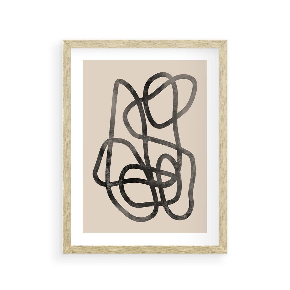 Plakat w ramie 30x40 - Przenikanie Wirtualnych Wymiarów - zaplątane minimalistyczne linie, na bezowym tle - rama drewno