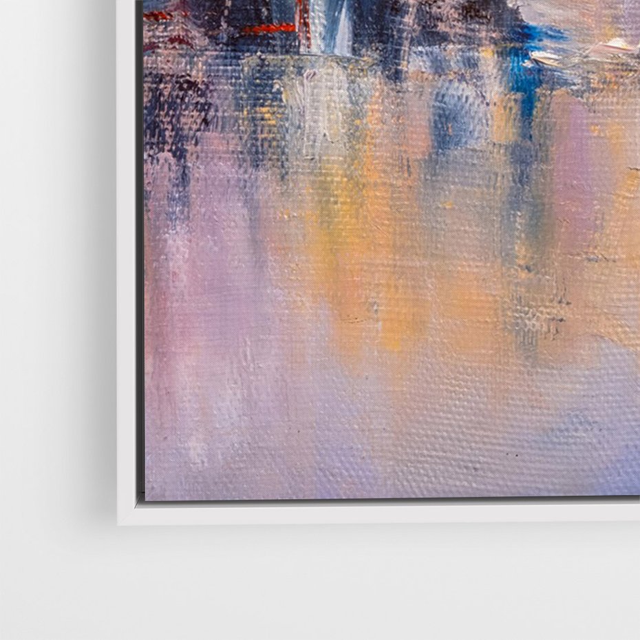 Obraz w ramie 50x70 - Miasto Refleksji - olejna panorama miasta w oddali, wiezowce odbijają się w rzece - rama biała