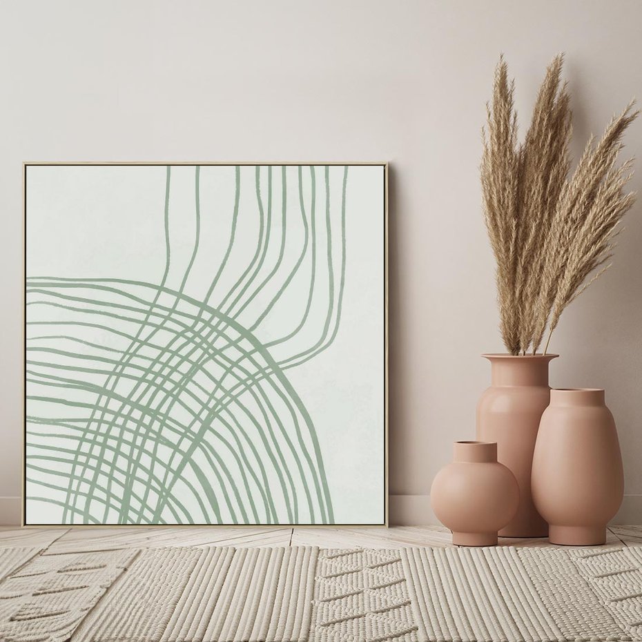 Obraz w ramie 50x50 - Migotliwa Spokojna Zieleń - zielony plakat, abstrakcyjne splątane linie - rama drewno