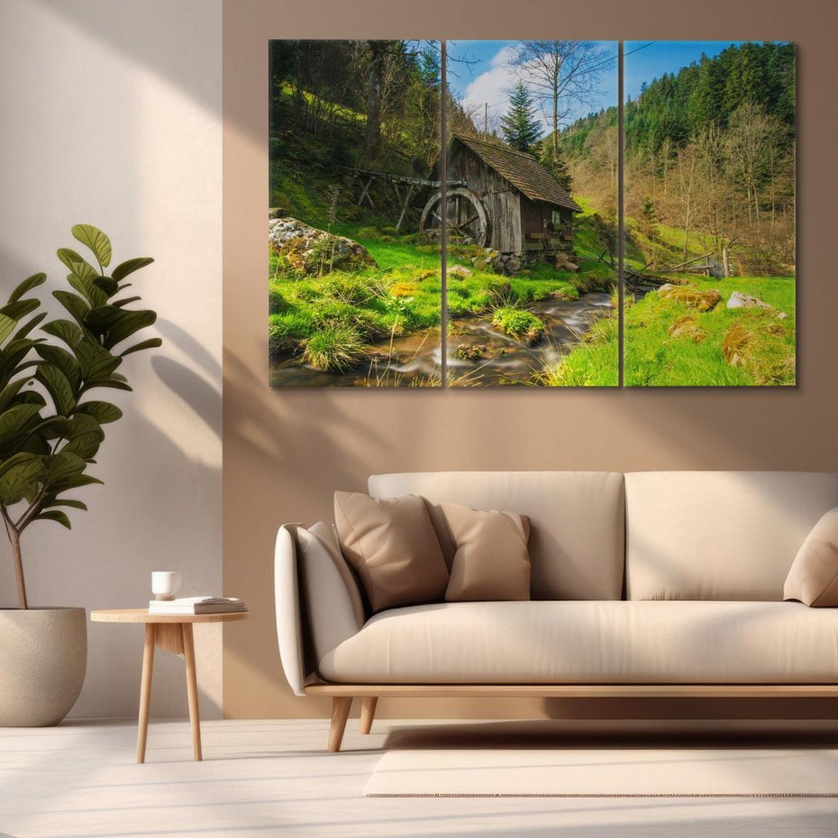 Obraz na płótnie 120x80 - Urok górskiego domku nad strumykiem - domek, góry