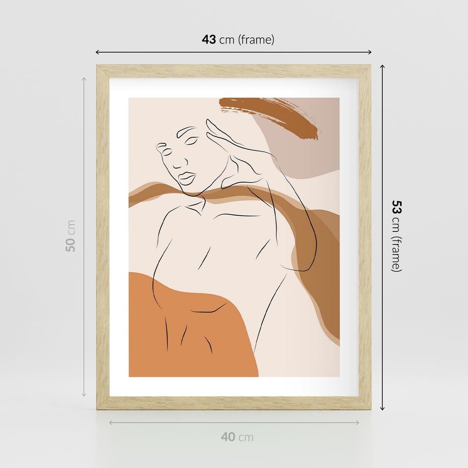 Plakat w ramie 40x50 - Sztuka Piękna w Beżach i Brązach - szkic jedną linią, naga kobieta - rama drewno