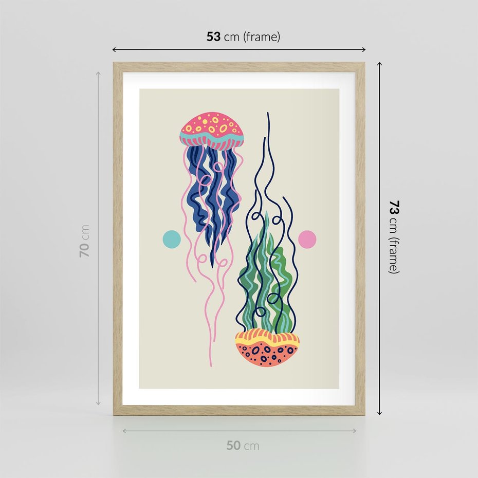 Plakat w ramie 50x70 - Morskie Pulsacje - nowoczesny optymistyczny plakat, kolorowe meduzy - rama drewno