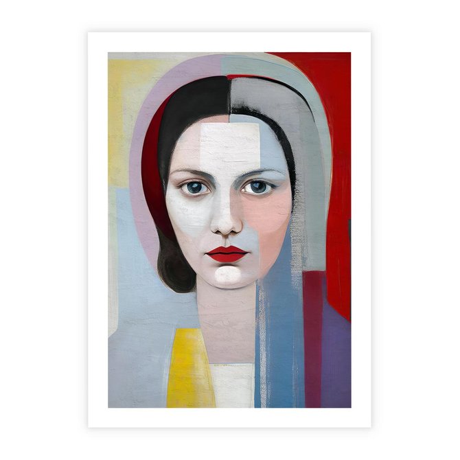 Plakat bez ramy 21x30 - Kolorowe Granice Form - abstrakcyjny obraz olejny, portret twarzy kobiety