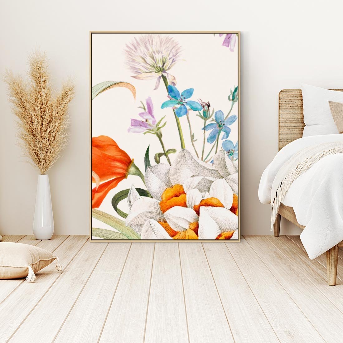 Obraz w ramie 80x120 - Polne Kwiaty - polne kwiaty, na białym tle - rama drewno