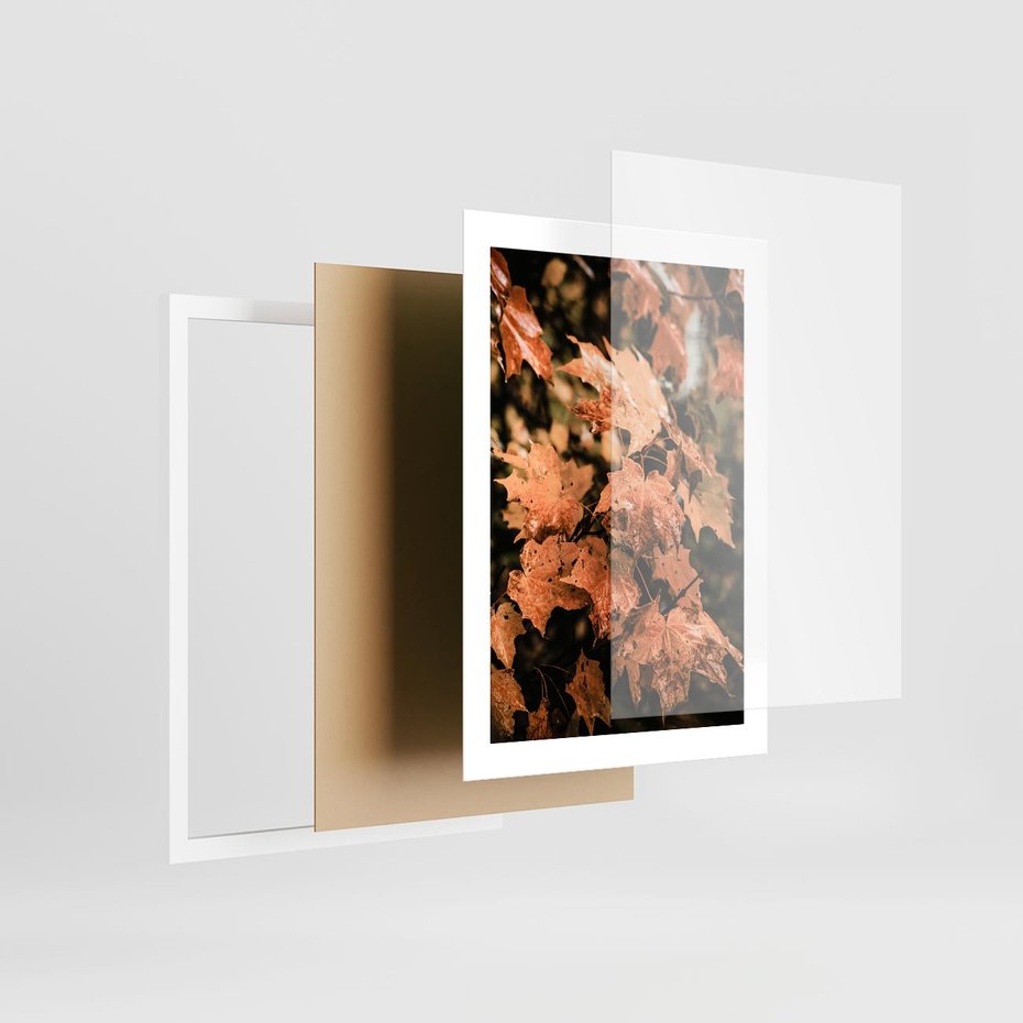 Plakat w ramie 30x40 - Ciepło Jesieni - jesienne pomarańczowe liśćie, jesień - rama biała