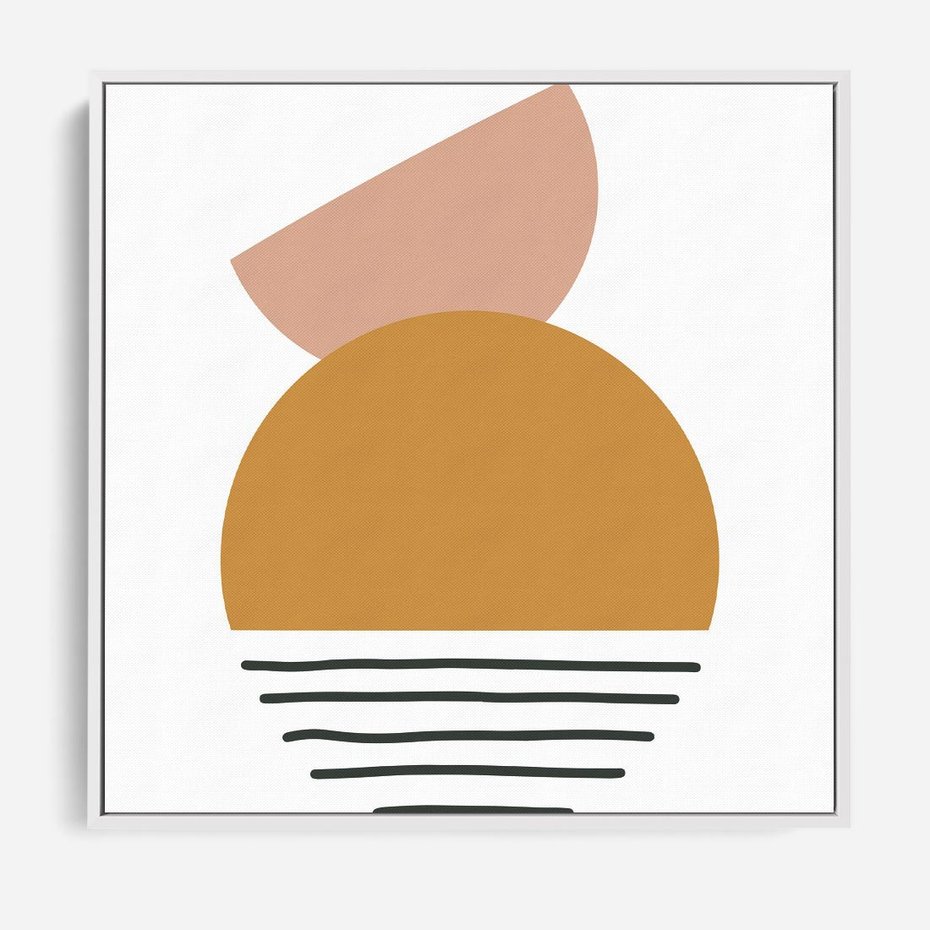 Obraz w ramie 50x50 - Kolory Przyszłości - kompozycja kół i kresek, ciepłe kolory - rama biała