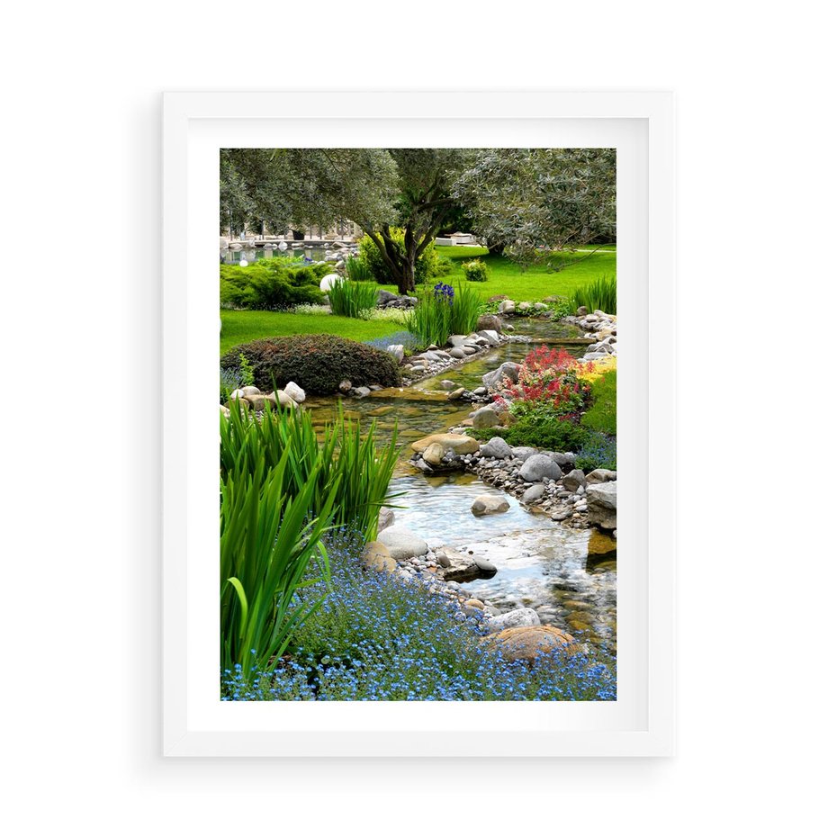 Plakat w ramie 50x70 - Ogródowy Strumyk - strumyk, ogród - rama biała