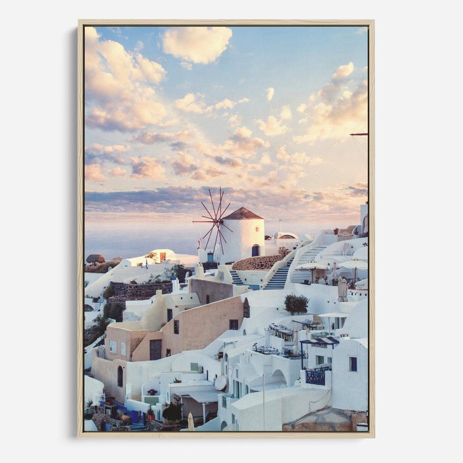 Obraz w ramie 50x70 - Biel ponad Błękitem - Santorini, białe budynki - rama drewno