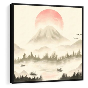 Obraz w ramie 50x50 - Przyroda Japonii - japońska akwarela, góry - rama czarna