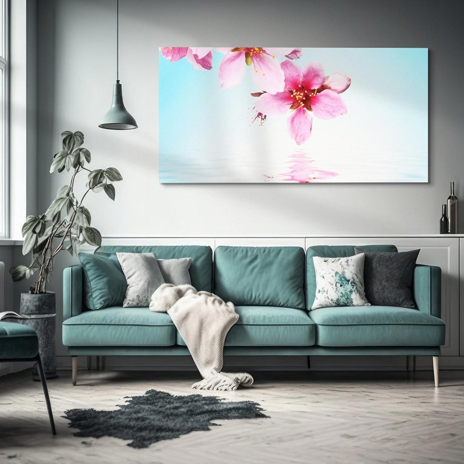 Obraz na płótnie 120x60 - Kwiatowa oaza nad wodą - kwiaty, woda