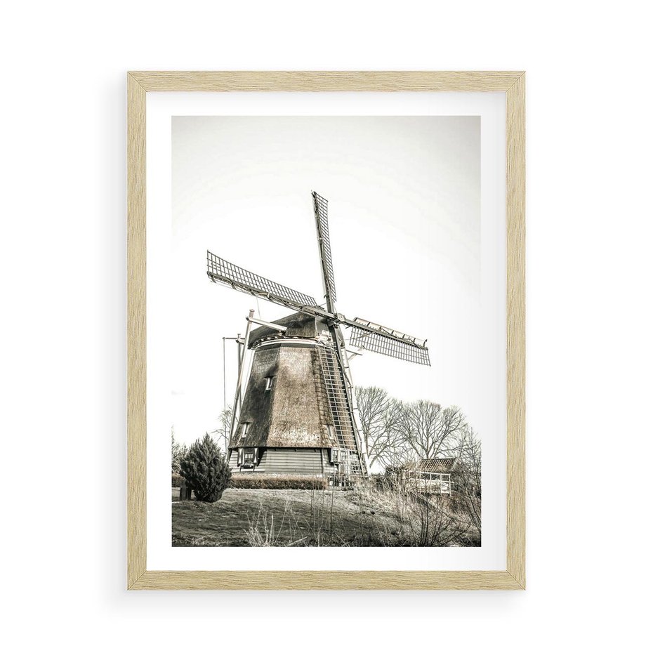 Plakat w ramie 50x70 - Wiejska Idylla z Młynem - wiatrak, młyn - rama drewno