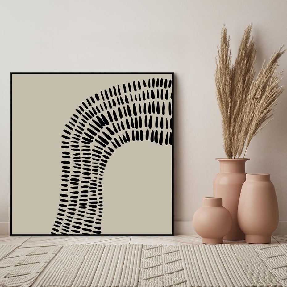 Obraz w ramie 50x50 - Migotliwa Innowacyjna Ekspresja - boho plakat, czarne kropki kreski - rama czarna