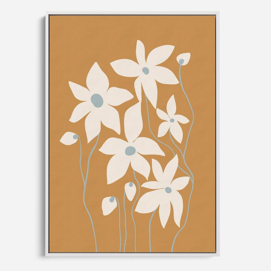 Obraz w ramie 80x120 - Kwiatowy Spektakl - minimalistyczne kwiaty, na pomarańczowym tle - rama biała