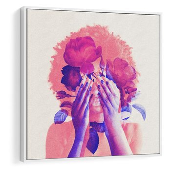 Obraz w ramie 50x50 - Kwiaty we Włosach - różowa postać, grafika - rama biała