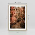 Plakat w ramie 50x70 - Obraz przedstawia jesienne drzewa i czerwone liście na ścieżce w lesie. Ta sceneria doskonale oddaje urok i kolorystykę jesieni w lesie. - las, jesień - rama drewno