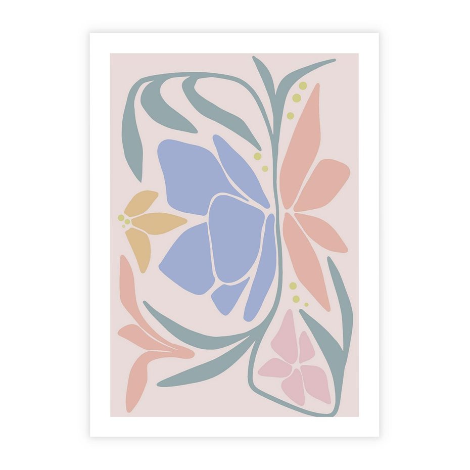 Plakat bez ramy 21x30 - Pastele Kwiatowych Plam - pastelowe kwiaty, na beżowym tle
