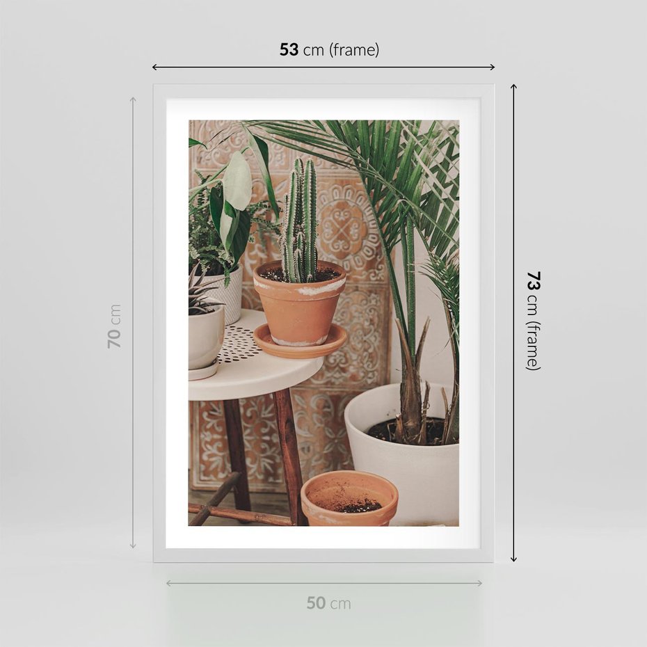 Plakat w ramie 50x70 - Boho Oaza: Kaktusy w Doniczkach - rośliny kaktusy w doniczkach, boho wnętrze - rama biała