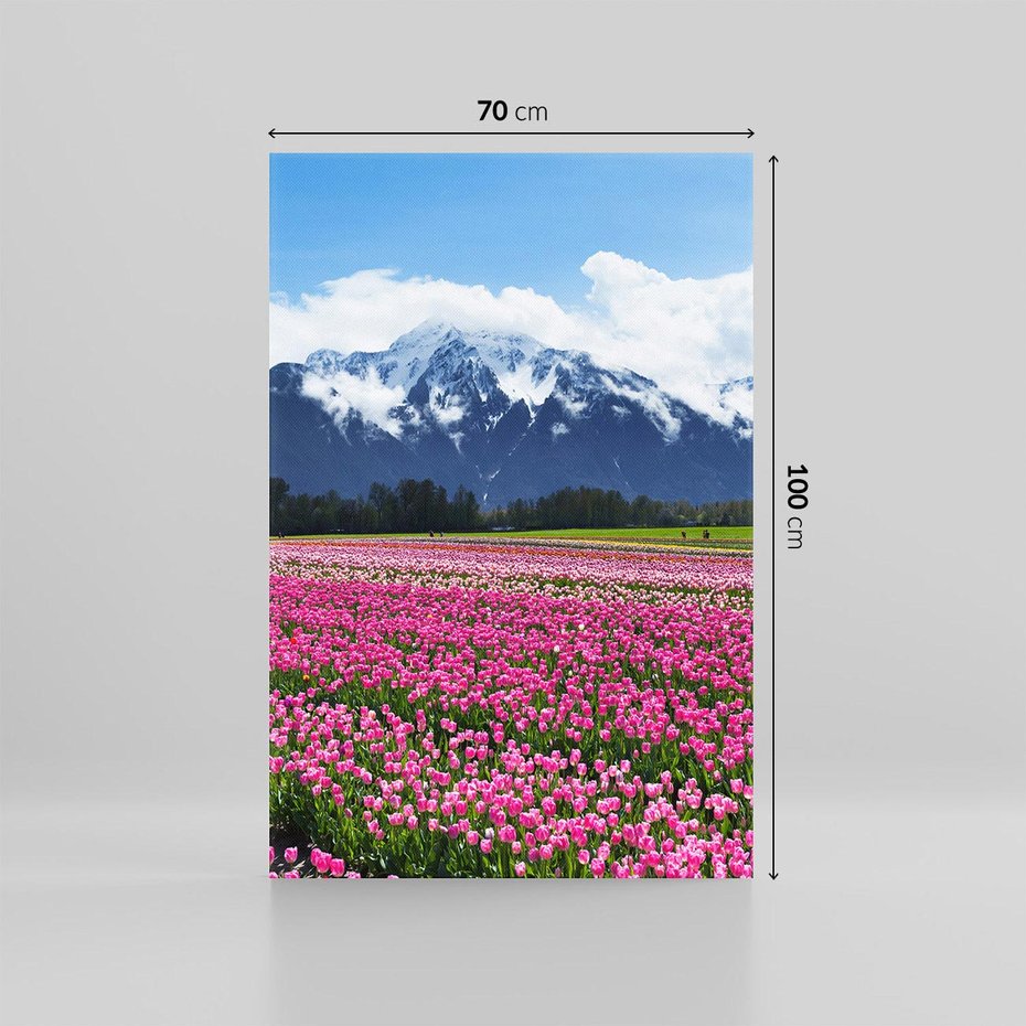 Obraz na płótnie 70x100 - Tulipany w malowniczym krajobrazie" - tulipany, krajobraz