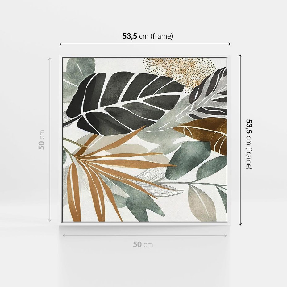 Obraz w ramie 50x50 - Współbrzmienie wewnętrznego ja - kompozycja z tropikalnych liści, stonowane kolory - rama biała