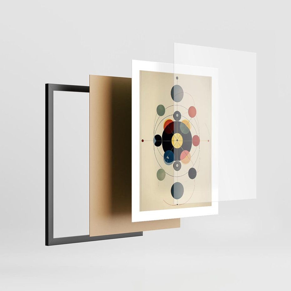 Plakat w ramie 30x40 - Bezgraniczny Taniec Światła - abstrakcyjna geometryczna kompozycja, koła linie - rama czarna