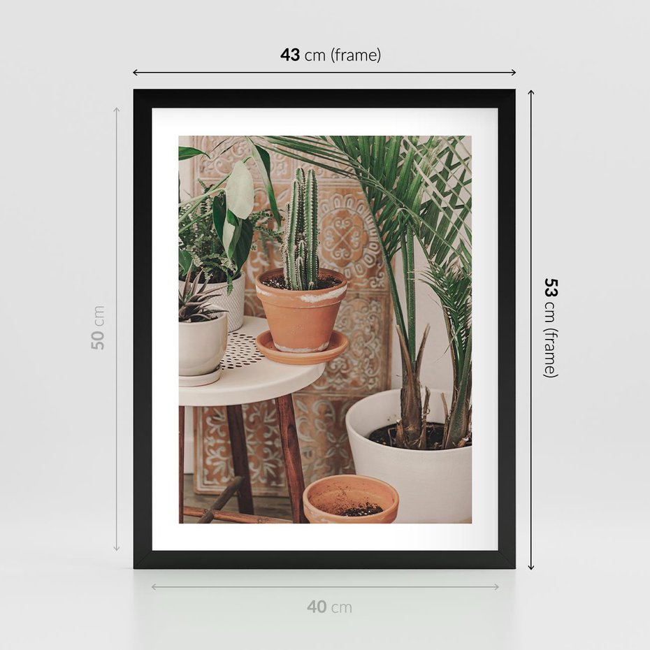 Plakat w ramie 40x50 - Boho Oaza: Kaktusy w Doniczkach - rośliny kaktusy w doniczkach, boho wnętrze - rama czarna