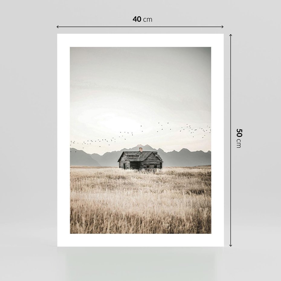 Plakat bez ramy 40x50 - Wiejska Idylla - stary drewniany dom w polu suchej trawy, fotografia
