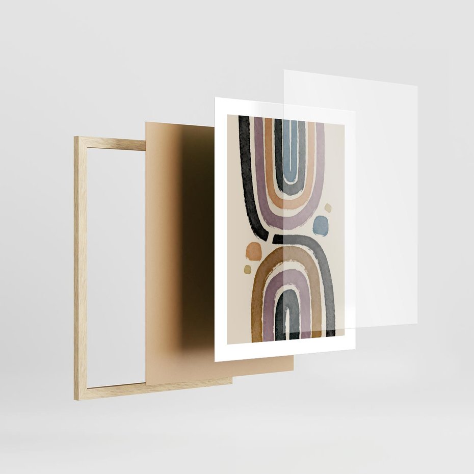 Plakat w ramie 30x40 - Taniec Przenikających Kształtów - abstrakcyjne tęcze, kompozycja - rama drewno