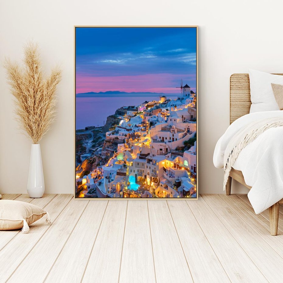 Obraz w ramie 70x100 - Wyblakłe wspomnienia gwiazd - Santorini, wieczór - rama drewno