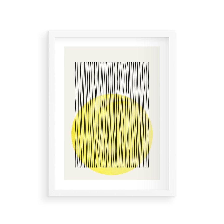 Plakat w ramie 30x40 - Ciepłe Przenikanie - geometria, żółte koło - rama biała