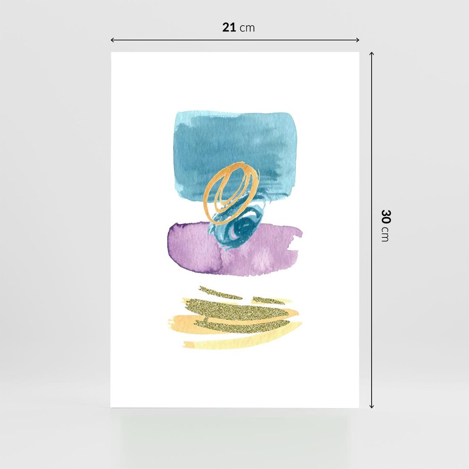 Plakat bez ramy 21x30 - Taniec Akwarelowych Kresek - akwarelowe plamy w odcieniach błękitu, złote kreski