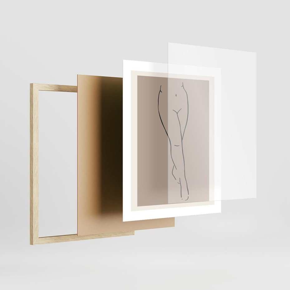 Plakat w ramie 40x50 - Intrygujące Szkice - mnimalistyczny akt kobiecy, beżowa tonacja - rama drewno