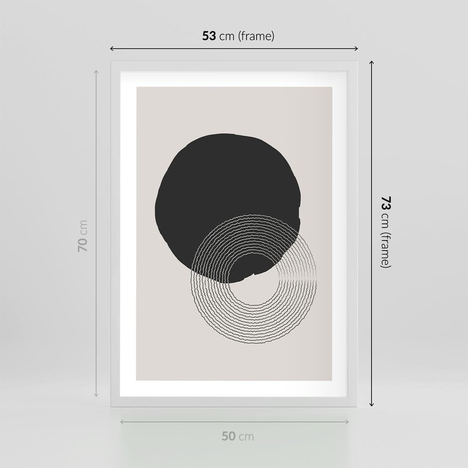Plakat w ramie 50x70 - Migotliwa Opowieść - abstrakcyjna kompozycja, okręgi - rama biała