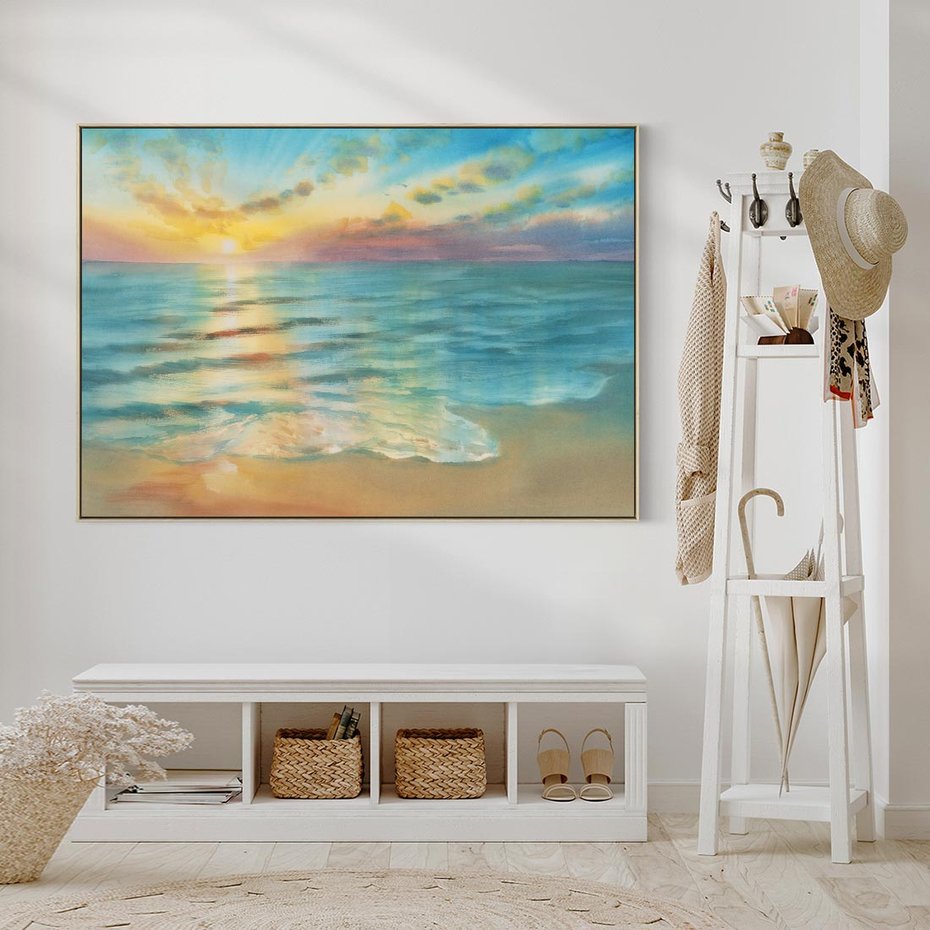 Obraz w ramie 100x70 - Objawienie Fioletowego Świtu - fioletowy wschód słońca, słońce wschodzi nad morzem - rama drewno