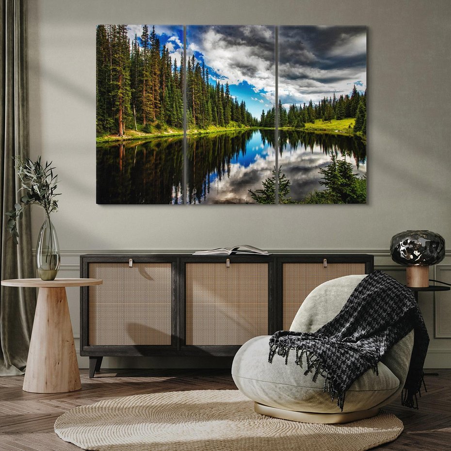 Obraz na płótnie 120x80 - Spokój nad jeziorem wśród lasu - las, jezioro